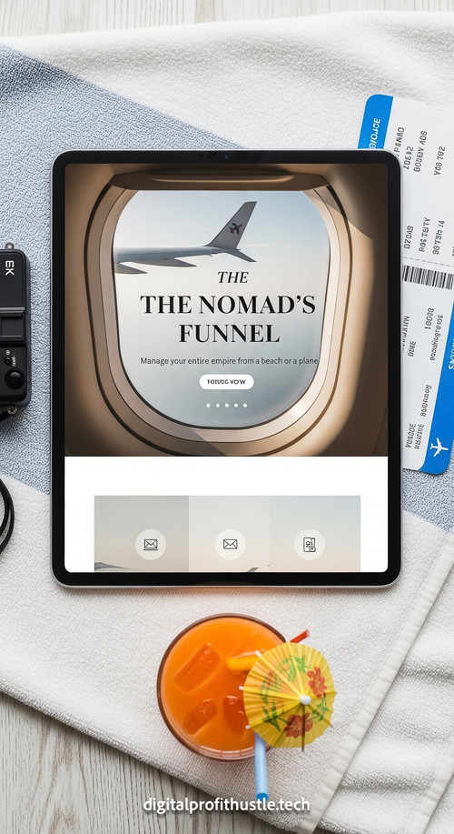 86 Overhead shot of a tablet with a landing page design a small travel camera a boarding pass and a .jpg