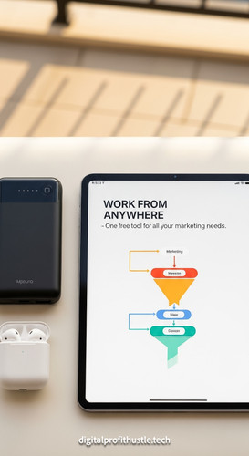 87 Flat lay of an iPad showing a funnel flowchart a portable power bank a pair of earbuds and a sund.jpg