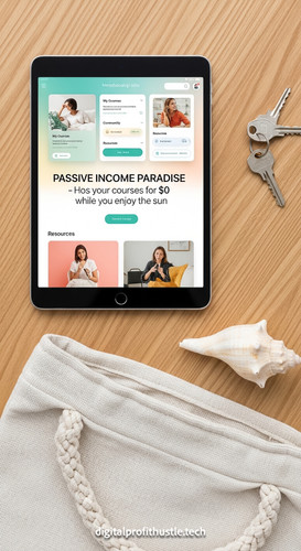 91 Flat lay of an iPad showing a membership site design a set of keys a linen beach bag and a shell .jpg