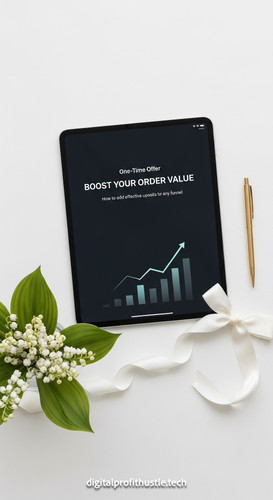 113 Flat lay of an iPad displaying a OneTime Offer page a gold pen a white silk ribbon and a small v.jpg