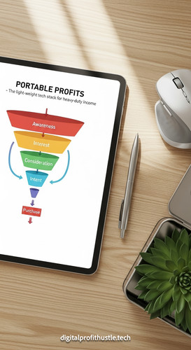 100 Topdown view of a tablet with a sales funnel workflow a silver pen a wireless mouse and a small .jpg