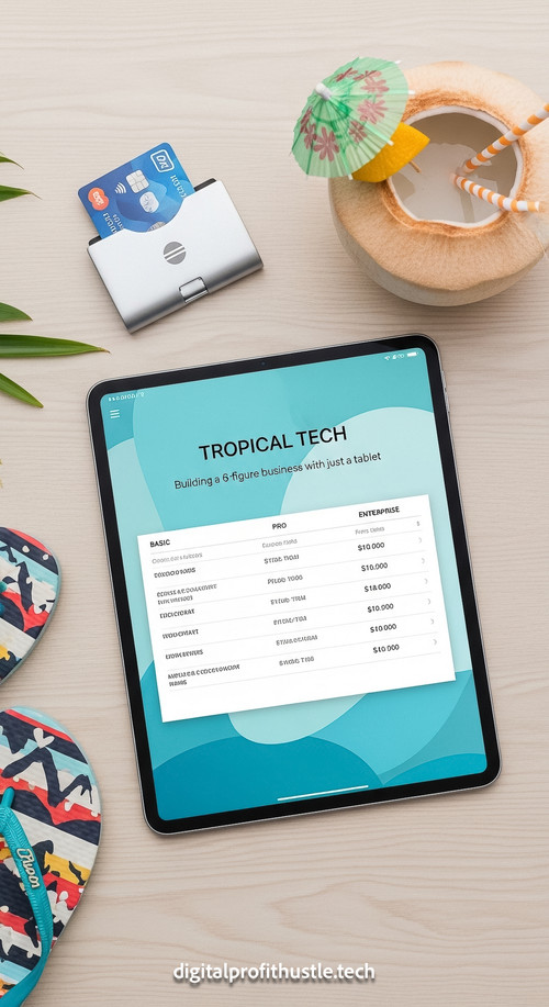 93 Flat lay of an iPad displaying a pricing table a silver credit card holder a pair of flipflops ed.jpg