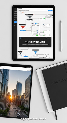92 Topdown view of a tablet with a funnel editor a silver stylus a notebook with LOCATIONS written o.jpg