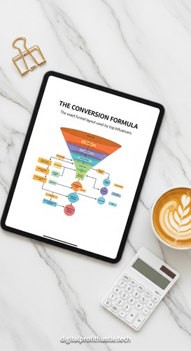 118 Overhead view of an iPad showing a funnel flowchart a gold paperclip a white calculator and a la.jpg