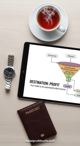 96 Topdown view of a tablet showing a funnel flowchart a silver watch a leather passport cover and a.jpg