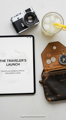 97 Flat lay of an iPad with a Product Launch page a silver camera lens a small travel pouch and a gl.jpg