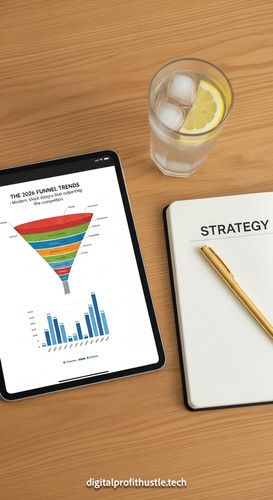 122 Overhead shot of a tablet displaying a sales funnel graph a gold pen a notebook with STRATEGY wr.jpg