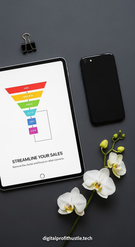 127 Flat lay of an iPad showing a funnel flowchart a silver paperclip a black iPhone and a sprig of .jpg