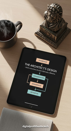 157 Flat lay of an iPad showing a funnel flowchart an antique bronze paperweight a linen napkin and .jpg