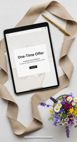 143 Flat lay of an iPad displaying a OneTime Offer page a gold pen a tan linen ribbon and a small va.jpg