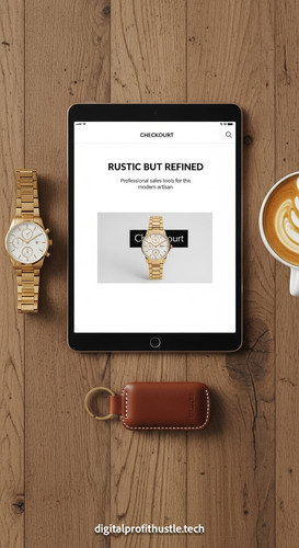 138 Topdown view of a tablet showing a product checkout page a gold watch a leather key fob and a la.jpg