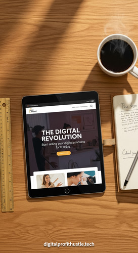 144 Overhead view of a tablet showing a sales page for a digital product a gold ruler a cork noteboo.jpg