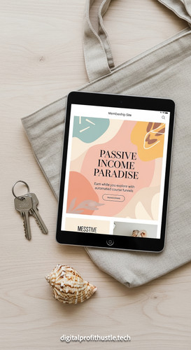 171 Flat lay of an iPad showing a membership site design a set of keys a linen beach bag and a shell.jpg