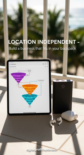 167 Flat lay of an iPad showing a funnel flowchart a portable power bank a pair of earbuds and a sun.jpg