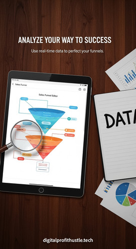 162 Topdown view of a tablet with a sales funnel editor a magnifying glass a notebook with DATA in i.jpg