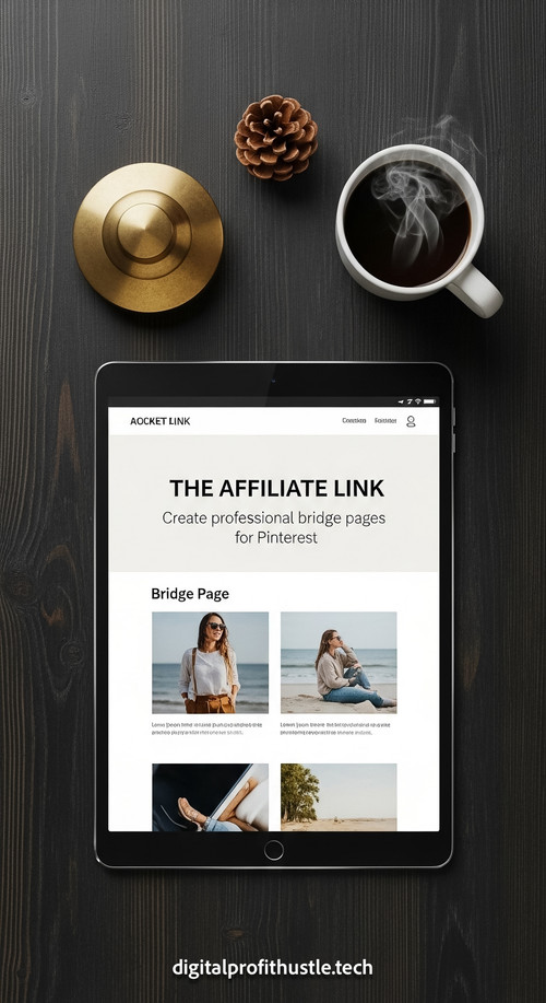 191 Flat lay of a tablet showing a bridge page design a brass paperweight a small pinecone and a cup.jpg