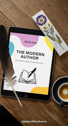 160 Overhead shot of a tablet showing a sales page for an ebook a quill pen a dried flower bookmark .jpg