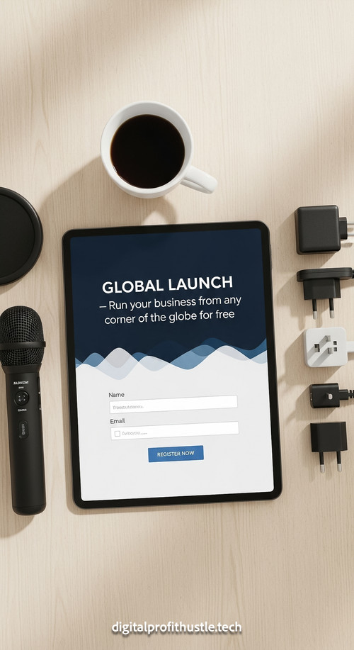 174 Overhead shot of a tablet with a webinar registration page a portable microphone a set of travel.jpg