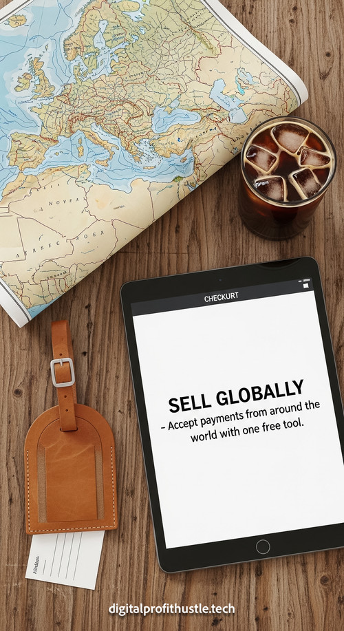 168 Topdown view of a tablet displaying a checkout page a leather luggage tag a map and a cold brew .jpg