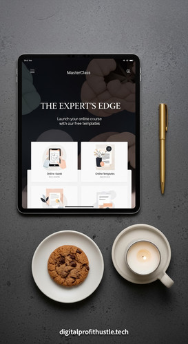 190 Overhead view of an iPad showing a landing page for a masterclass a brass pen a small white cand.jpg