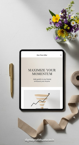 193 Flat lay of an iPad displaying a OneTime Offer page a brass pen a tan linen ribbon and a small v.jpg