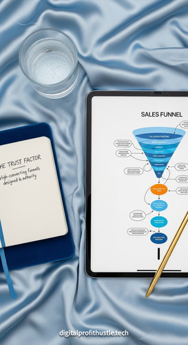179 Flat lay of an iPad on a light blue silk cloth showing a sales funnel blueprint a gold stylus a .jpg