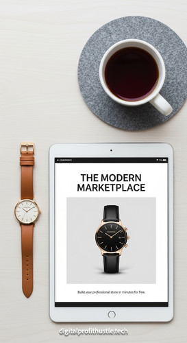 178 Topdown view of a tablet displaying a product page a gold watch a grey felt coaster and a cup of.jpg