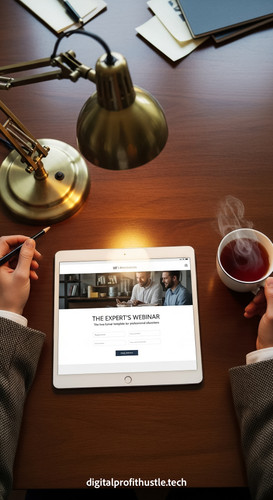 164 Overhead shot of a tablet with a webinar registration page a brass desk lamp a pair of tweed bla.jpg