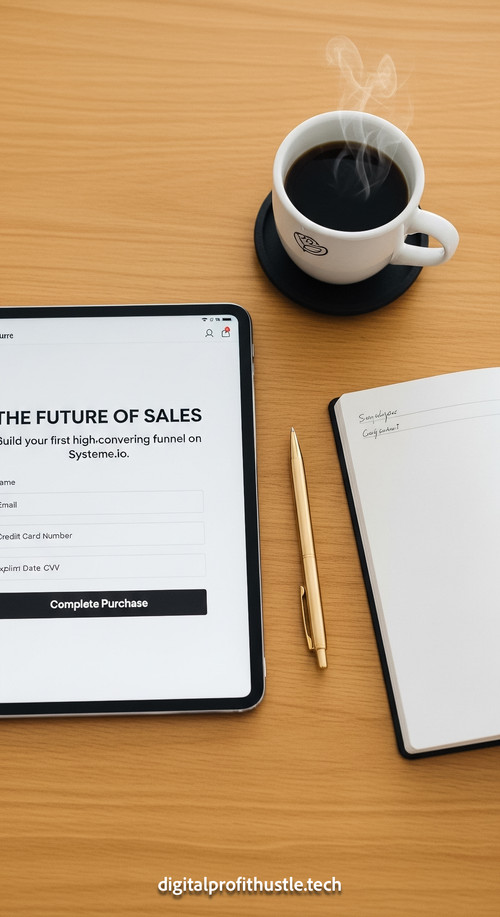 204 Topdown view of a tablet showing a checkout page a gold pen a white notebook and a cup of coffee.jpg