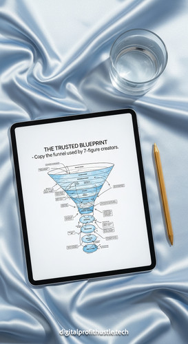 199 Flat lay of an iPad on a light blue silk background showing a sales funnel blueprint a gold styl.jpg