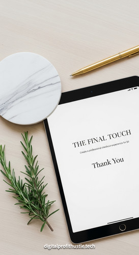 203 Flat lay of an iPad displaying a Thank You page a gold pen a marble coaster and a sprig of rosem.jpg