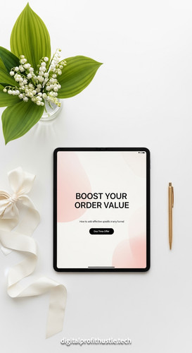 9 Flat lay of an iPad displaying a OneTime Offer page a gold pen a white silk ribbon and a small vas.jpg