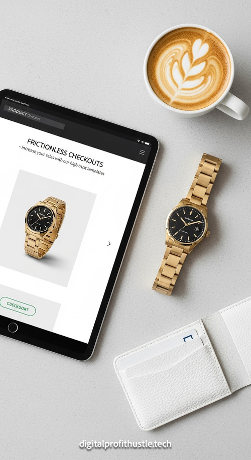 4 Topdown view of a tablet showing a product checkout page a gold watch a white leather card holder .jpg