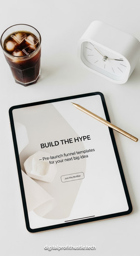 15 Flat lay of an iPad displaying a Waitlist landing page a gold stylus a white desk clock and a gla.jpg