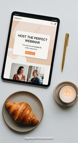 6 Overhead view of an iPad showing a landing page for a webinar a gold pen a small white candle and .jpg