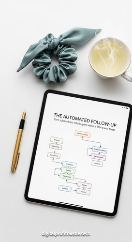 5 Flat lay of an iPad displaying an automated email sequence map a gold fountain pen a silk hair tie.jpg