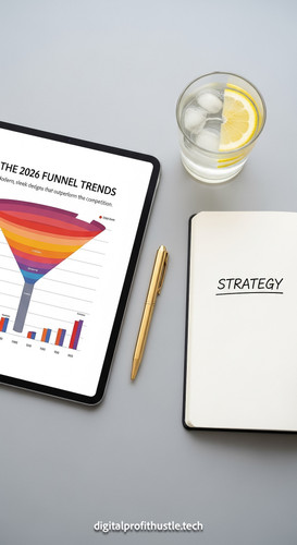 18 Overhead shot of a tablet displaying a sales funnel graph a gold pen a notebook with STRATEGY wri.jpg