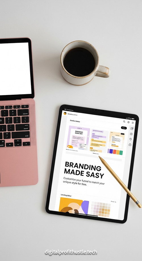 50 Topdown view of an iPad showing a landing page editor a gold stylus a pink laptop and a ceramic c.jpg