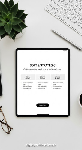 42 Topdown view of an iPad displaying a pricing table a gold pen a small rose quartz crystal and a p.jpg