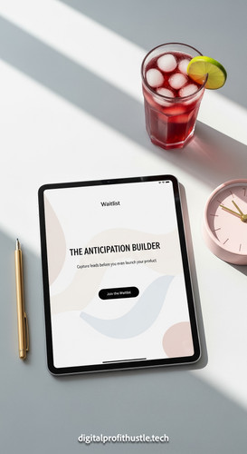 45 Flat lay of an iPad displaying a Waitlist landing page a gold stylus a pink desk clock and a glas.jpg