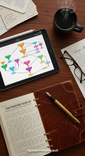 51 Flat lay of an iPad on a dark walnut desk showing a complex funnel logic map a brass fountain pen.jpg