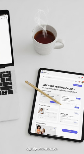 20 Topdown view of an iPad showing a landing page editor a gold stylus a white laptop and a ceramic .jpg