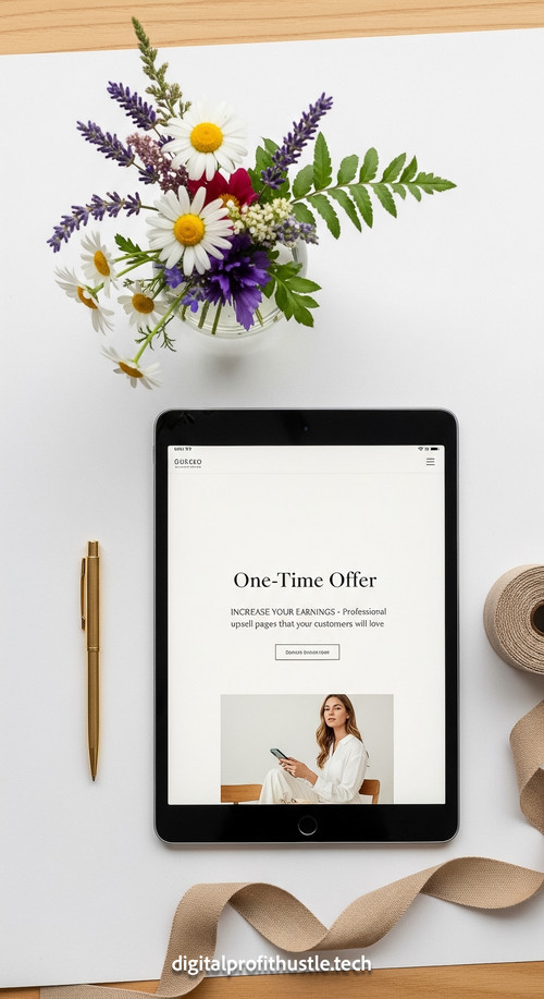 39 Flat lay of an iPad displaying a OneTime Offer page a gold pen a tan linen ribbon and a small vas.jpg