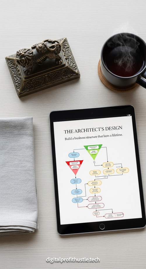 53 Flat lay of an iPad showing a funnel flowchart an antique bronze paperweight a linen napkin and a.jpg