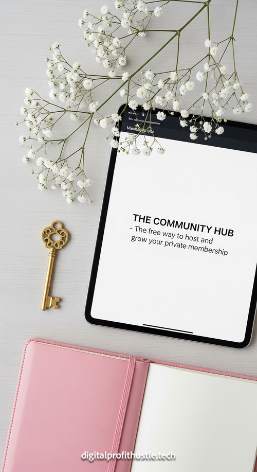 43 Flat lay of a tablet showing a membership site dashboard a gold key a pink leather journal and a .jpg