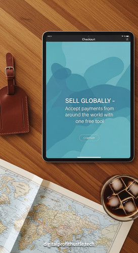 64 Topdown view of a tablet displaying a checkout page a leather luggage tag a map and a cold brew c.jpg