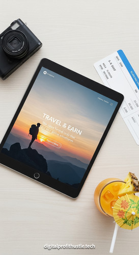 62 Overhead shot of a tablet with a landing page design a small travel camera a boarding pass and a .jpg