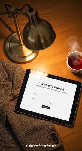 60 Overhead shot of a tablet with a webinar registration page a brass desk lamp a pair of tweed blaz.jpg