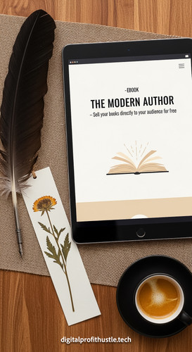 56 Overhead shot of a tablet showing a sales page for an ebook a quill pen a dried flower bookmark a.jpg