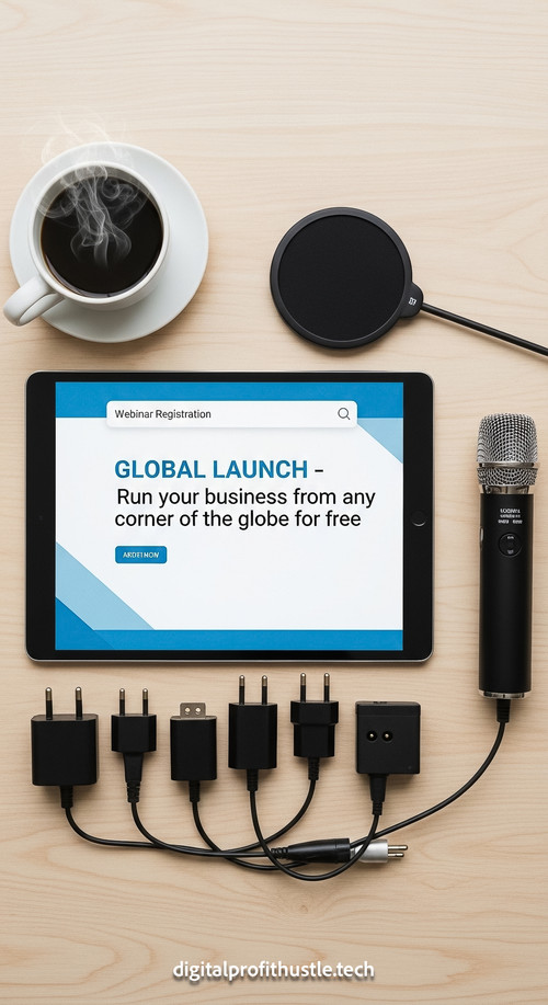 70 Overhead shot of a tablet with a webinar registration page a portable microphone a set of travel .jpg